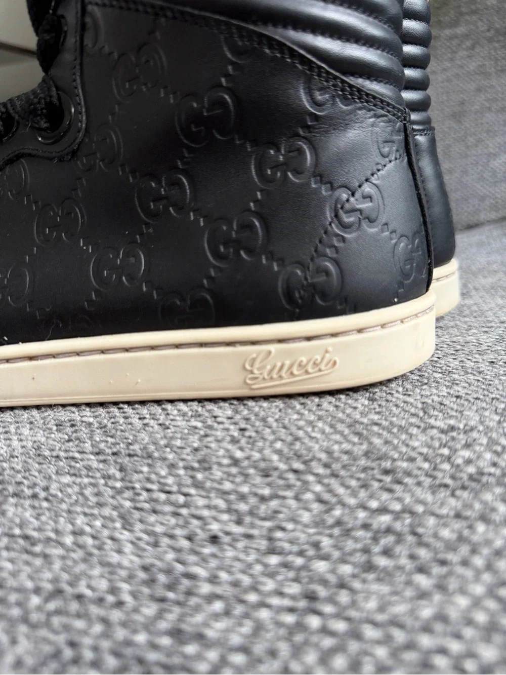 Gucci Black Embossed Leather High-Top Sneakers with Cream Sole